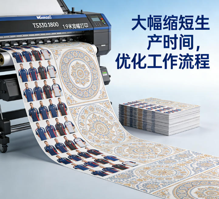 A wide-format printer handling a large roll of fabric