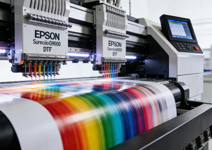 A high-production DTF printer in a clean, modern workshop, with vibrant apparel samples in the foreground.