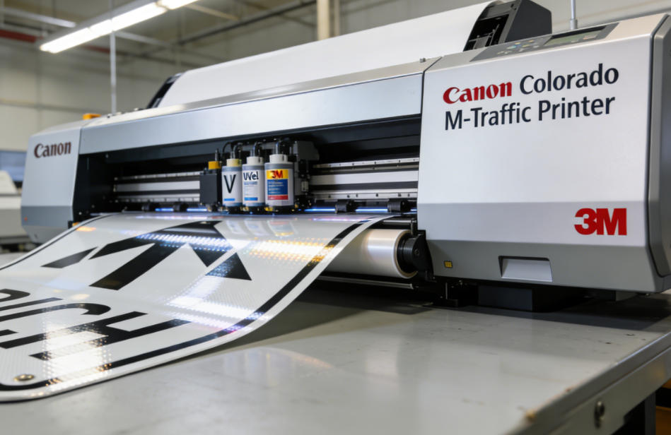 A Canon Colorado M-Traffic printer in a workshop, producing a roll of reflective traffic signs.