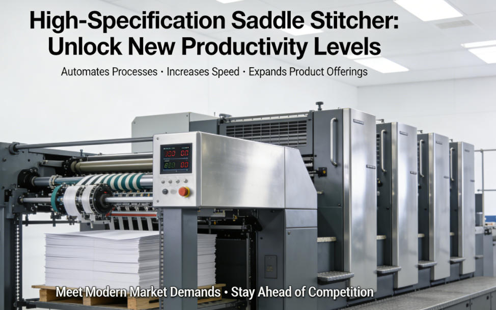 A modern saddle stitching machine in a clean factory setting