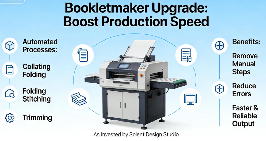 A modern bookletmaker machine in a print shop