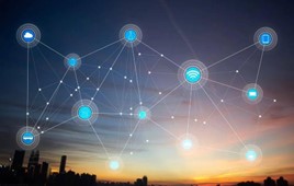 IoT technology across application scenarios: connected device nodes for energy, manufacturing, security and transportation converging on a network core