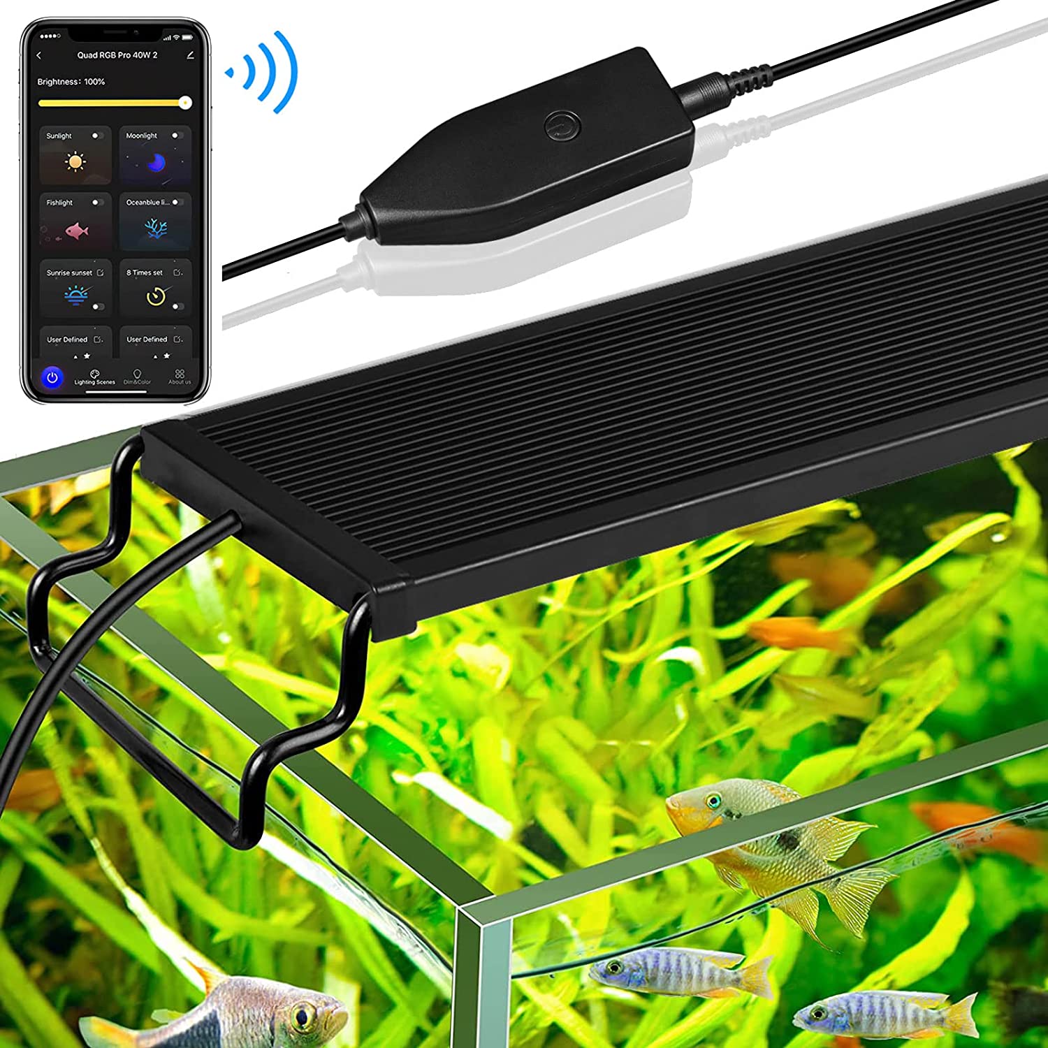 Smart Aquarium Light, Bluetooth LED Light with App Control, Full Spectrum Fish Tank Light with 24/7 Lighting Cycle, 5 Modes, Adjustable Timer, for Freshwater Planted Tank