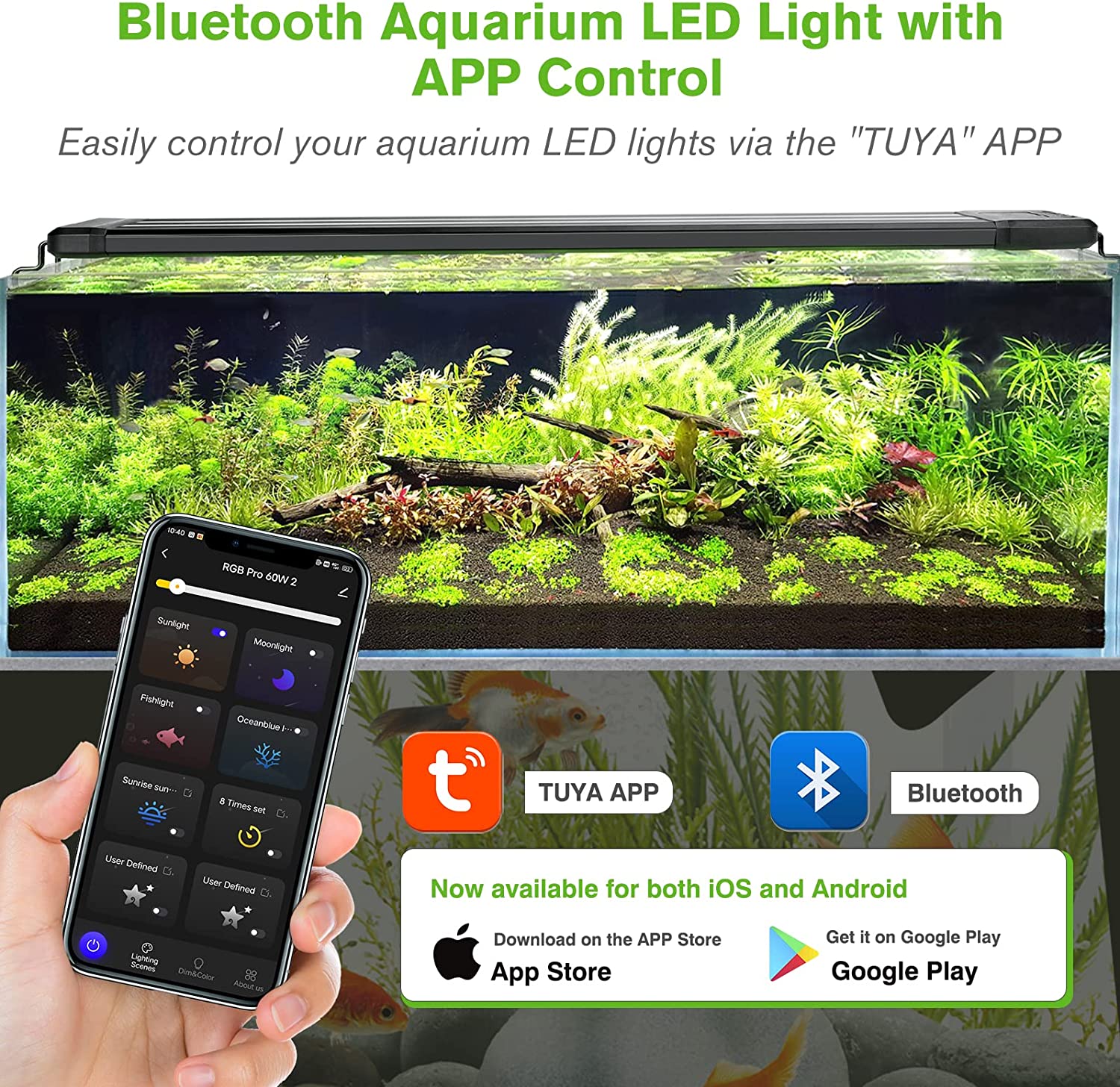 Smart Aquarium Light, Bluetooth LED Light with App Control, Full Spectrum Fish Tank Light with 24/7 Lighting Cycle, 5 Modes, Adjustable Timer, for Freshwater Planted Tank