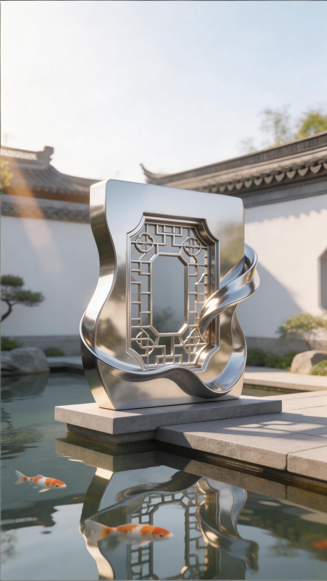 徐州睢宁新沂邳州曲窗揽景水韵江不锈钢雕塑花窗与流体金属曲面