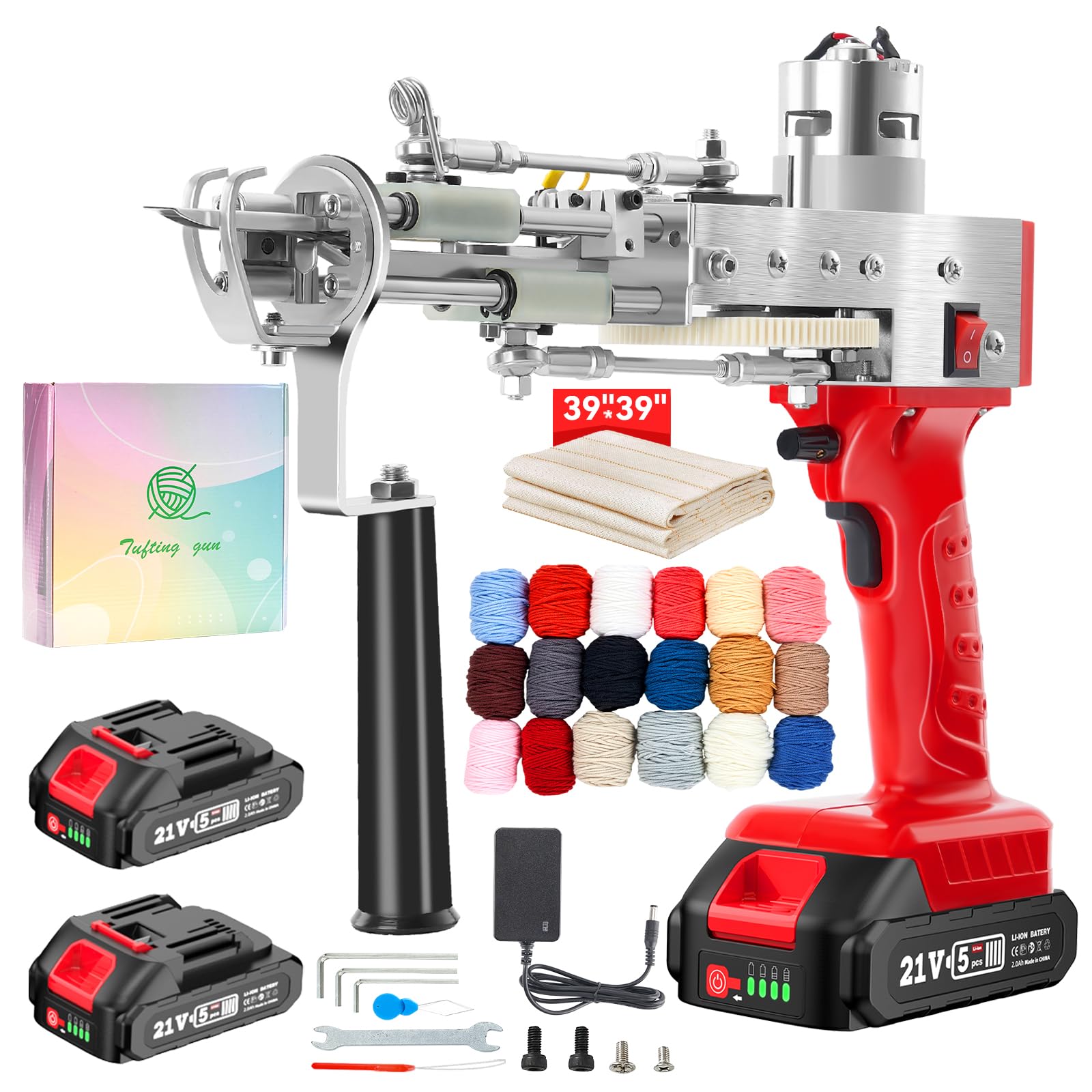 BESGEER 2023-Cordless-Rug-Tufting-Gun-Kit - Tufting-Gun-Starter-Kit-with 2pcs 2.0Ah Batteries，2 in 1 Cut Pile and Loop Pile Tufting Gun, Carpet Gun Kit with Tufting Cloth and Yarn for Beginners（Red）
