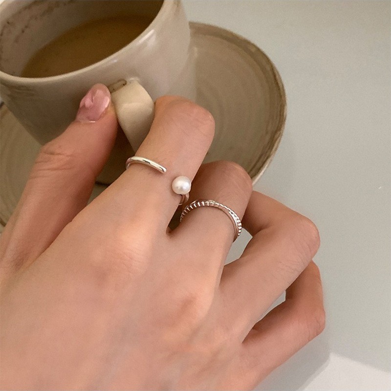 925 sterling silver pearl ring female niche design ins style personality geometric high sense open ring
