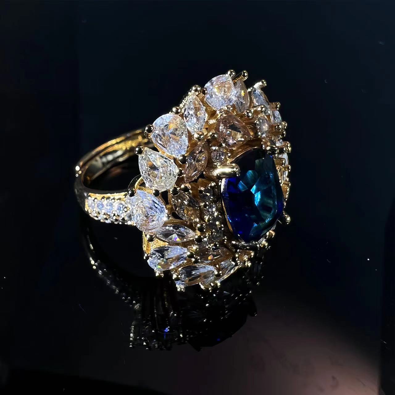 Vintage Brilliant sapphire ring plated 18K full of diamond flowers high-grade rich ring adjustable