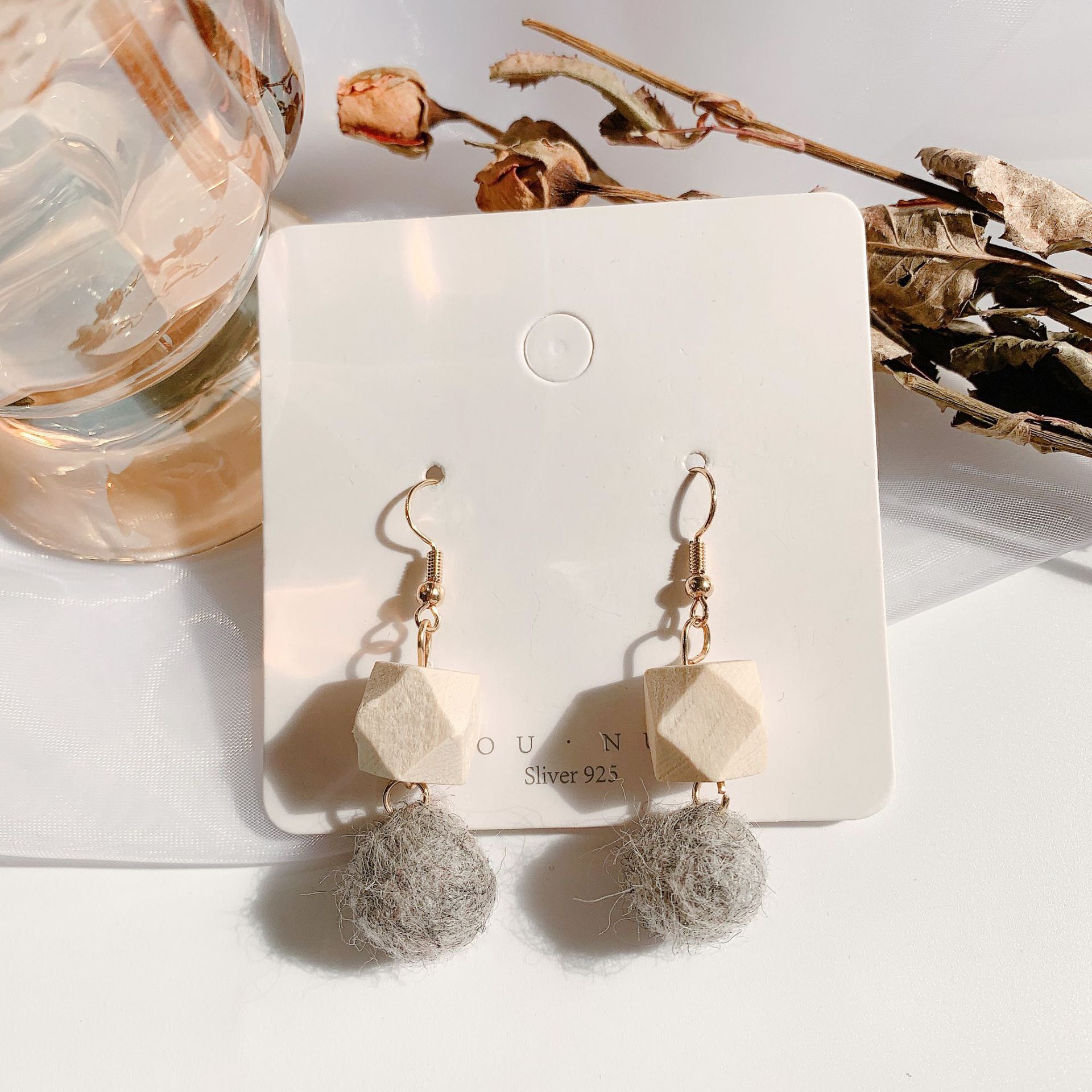 Retro hairball wooden earrings women's long simple geometric square autumn and winter new hand-made design