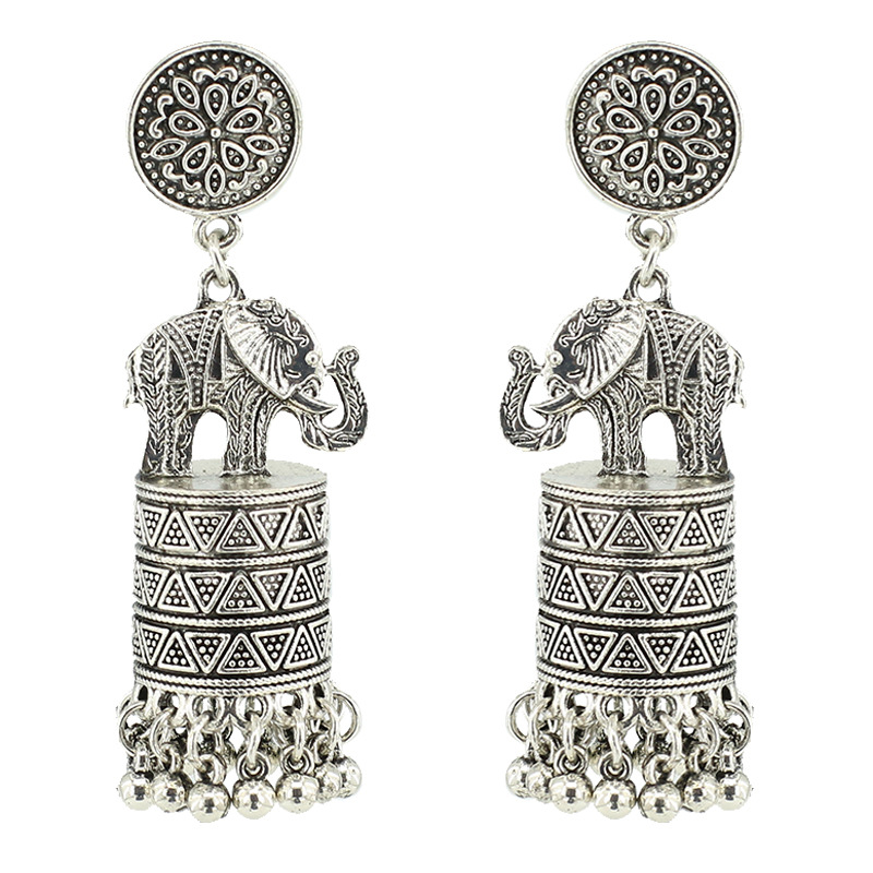 Vintage earrings Fashion ethnic style ancient silver elephant tassel earrings