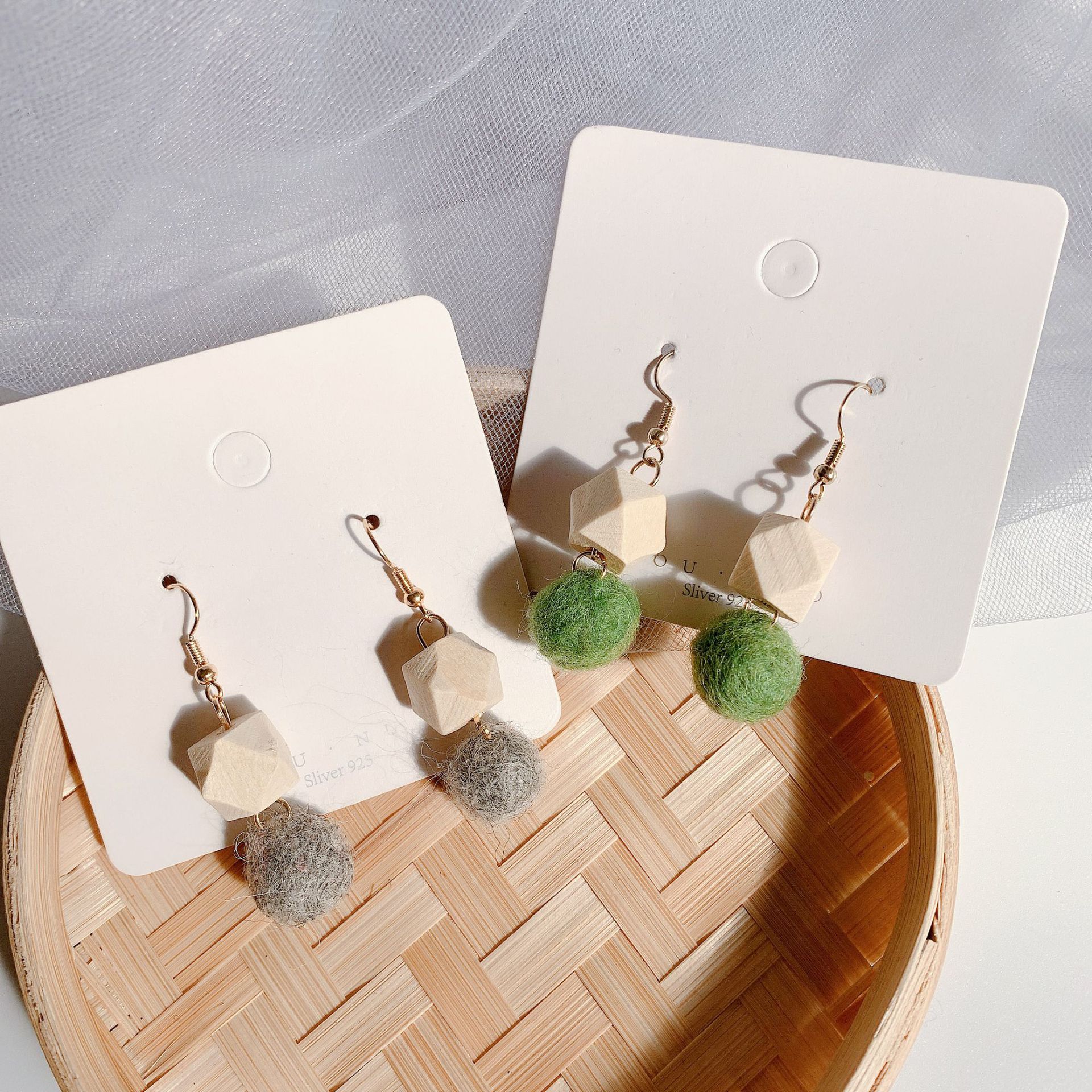 Retro hairball wooden earrings women's long simple geometric square autumn and winter new hand-made design
