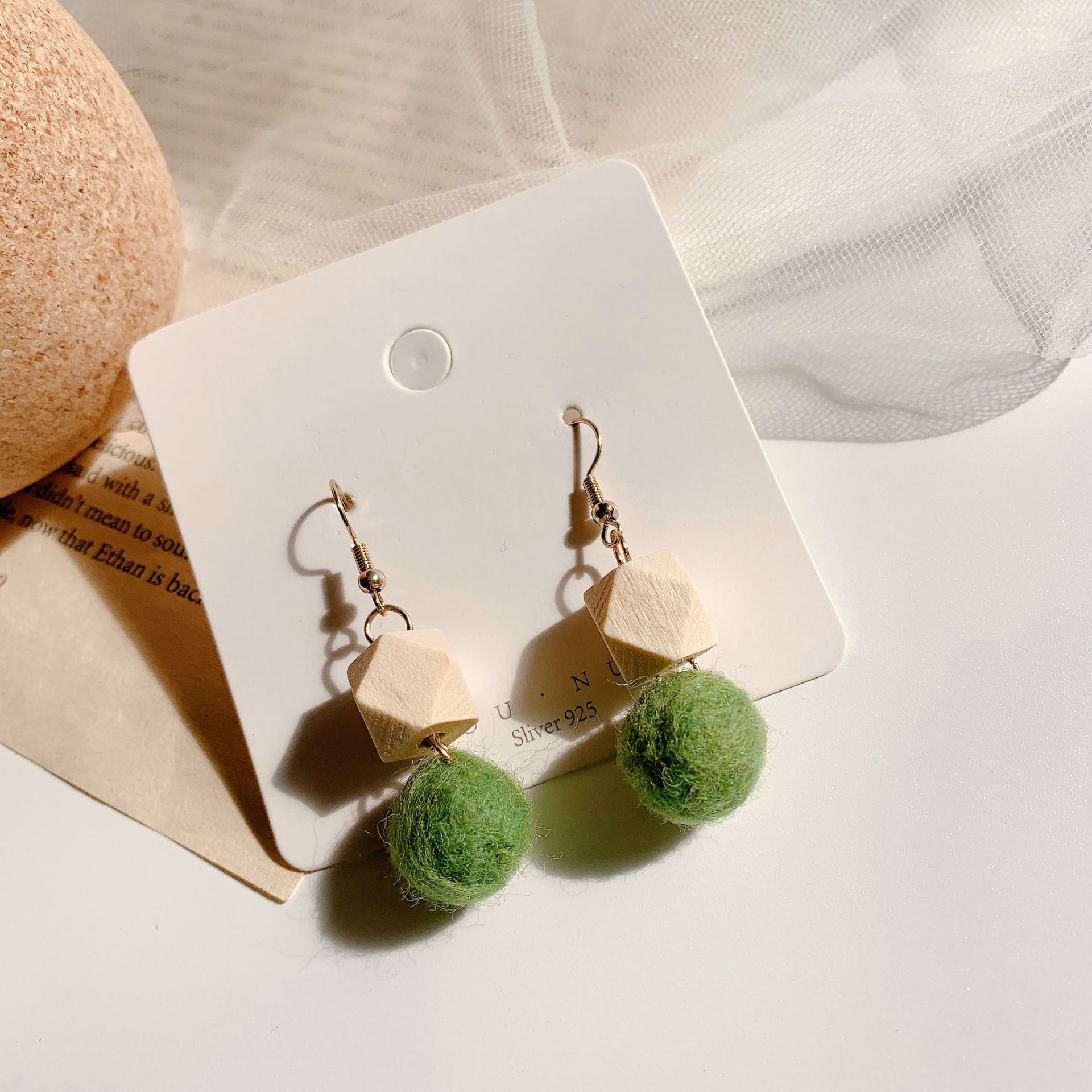 Retro hairball wooden earrings women's long simple geometric square autumn and winter new hand-made design