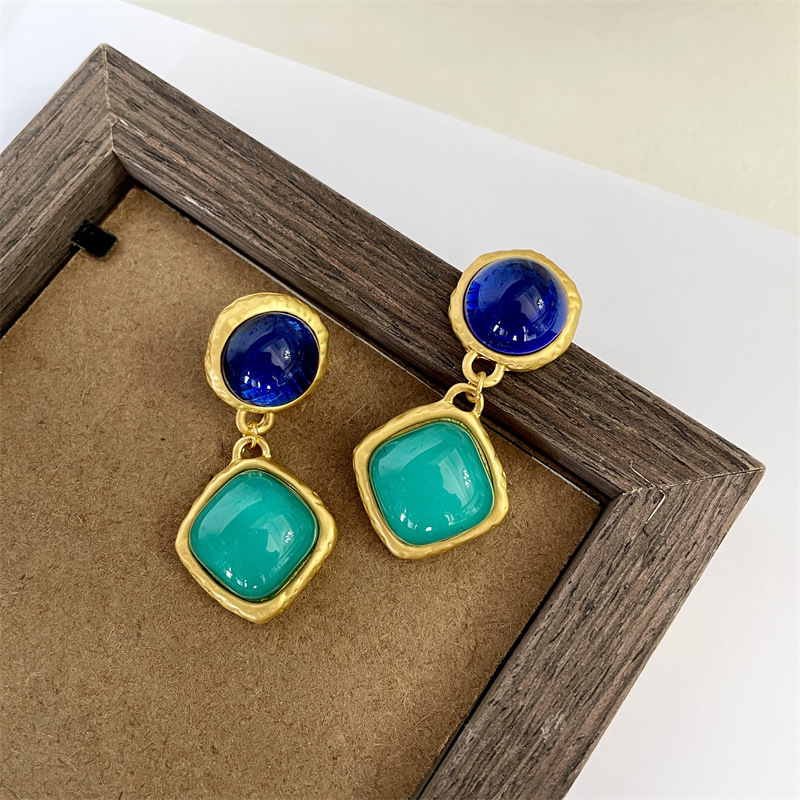 Middle vintage niche vintage style design bow earrings Rhinestone handmade blue glass earrings
