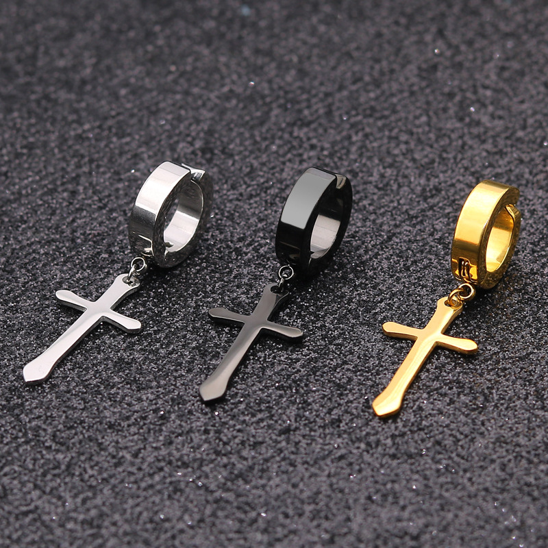 Hip hop punk simple personality niche piercing titanium steel male cross without ear piercings ear clips