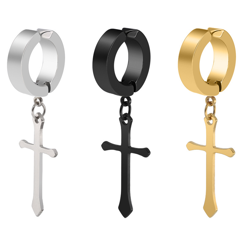 Hip hop punk simple personality niche piercing titanium steel male cross without ear piercings ear clips