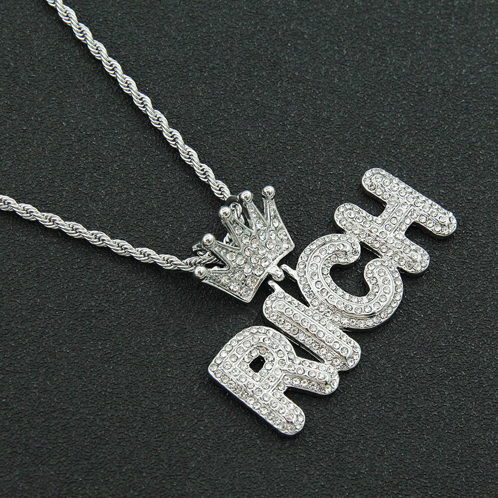 Hipster hip Hop full diamond crown letter pendant necklace twist chain