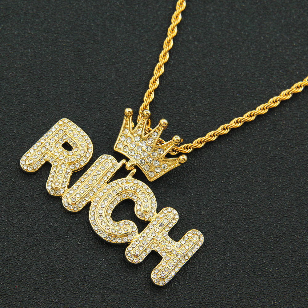 Hipster hip Hop full diamond crown letter pendant necklace twist chain