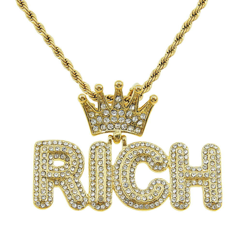 Hipster hip Hop full diamond crown letter pendant necklace twist chain
