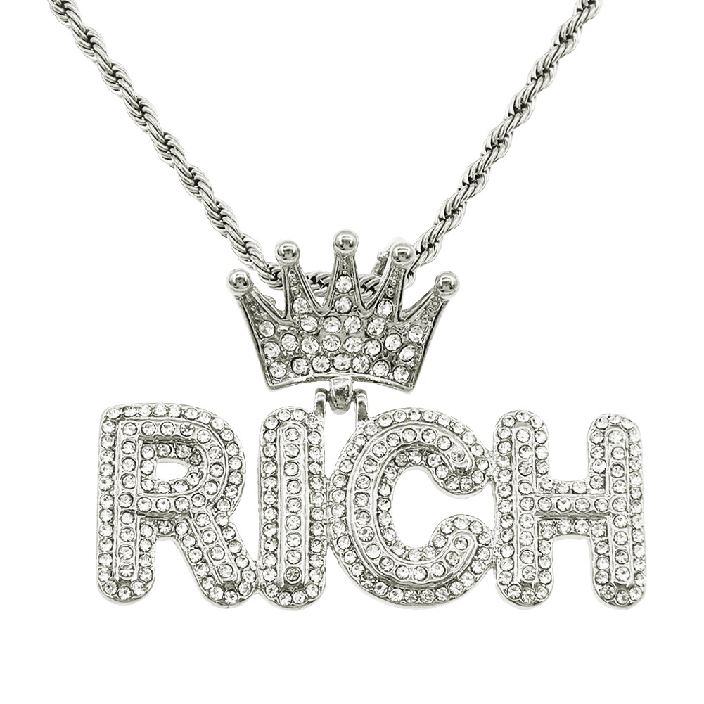 Hipster hip Hop full diamond crown letter pendant necklace twist chain