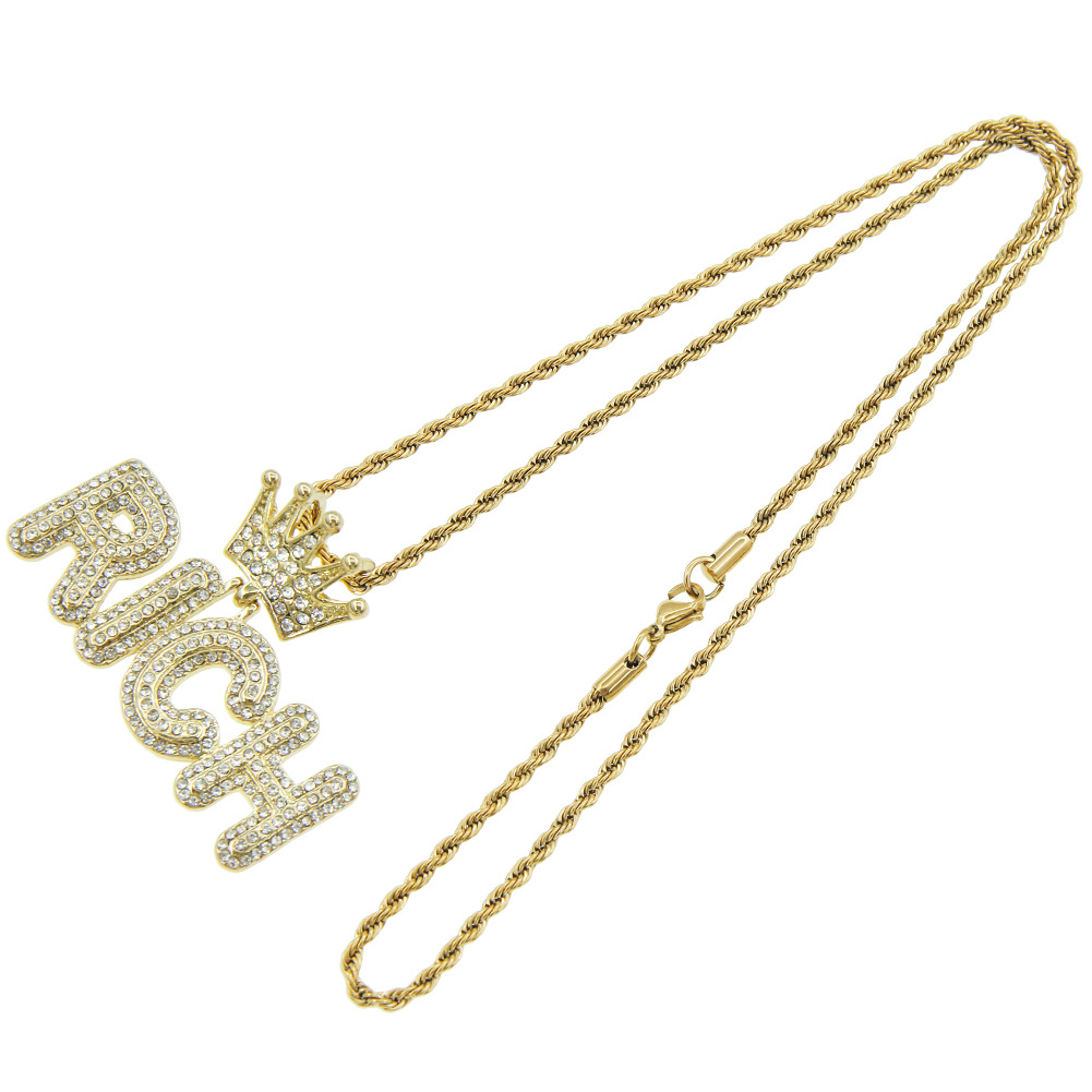 Hipster hip Hop full diamond crown letter pendant necklace twist chain