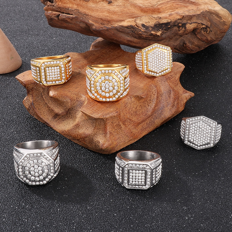 Hip Club Ring Titanium steel vacuum gold plated luxury full diamond HIPHOP men's ring