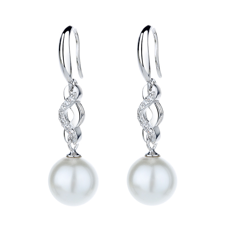 Simple fashion long round pearl earrings for women S925 pure silver zircon earrings