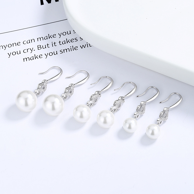 Simple fashion long round pearl earrings for women S925 pure silver zircon earrings