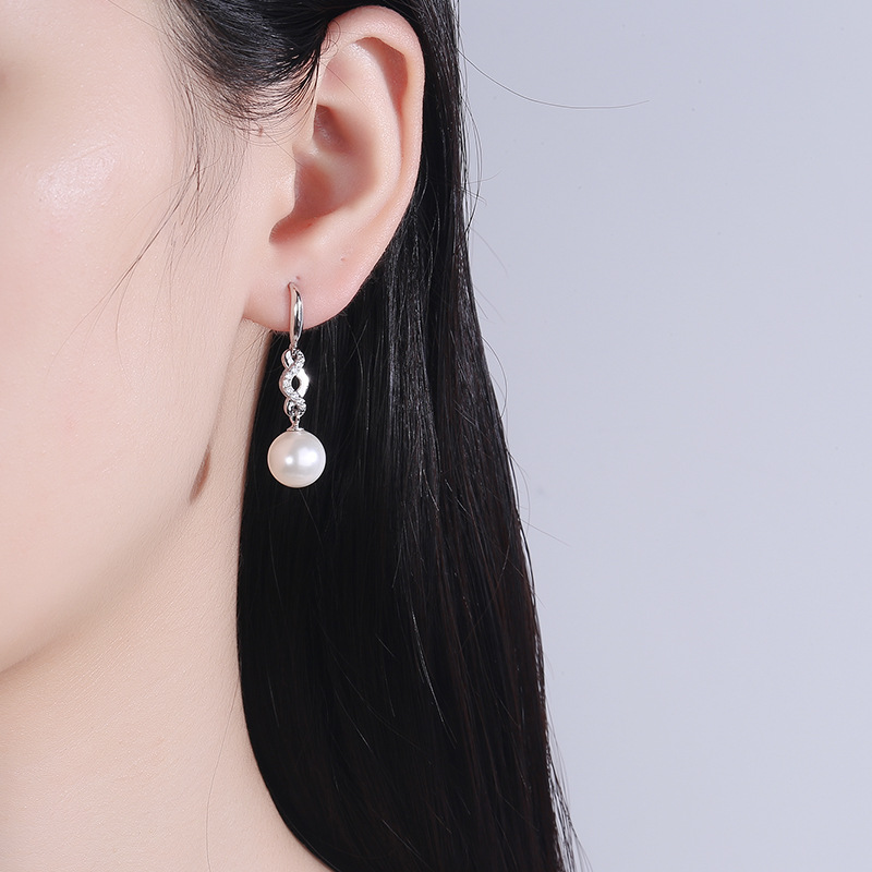 Simple fashion long round pearl earrings for women S925 pure silver zircon earrings