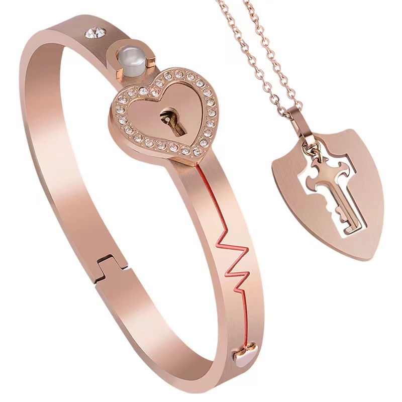 Couples titanium steel jewelry heart lock love lock bracelet key set diamond hundred languages Valentine's Day
