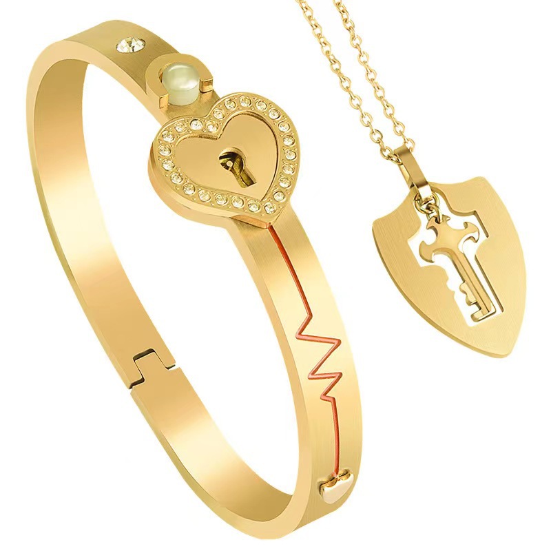 Couples titanium steel jewelry heart lock love lock bracelet key set diamond hundred languages Valentine's Day