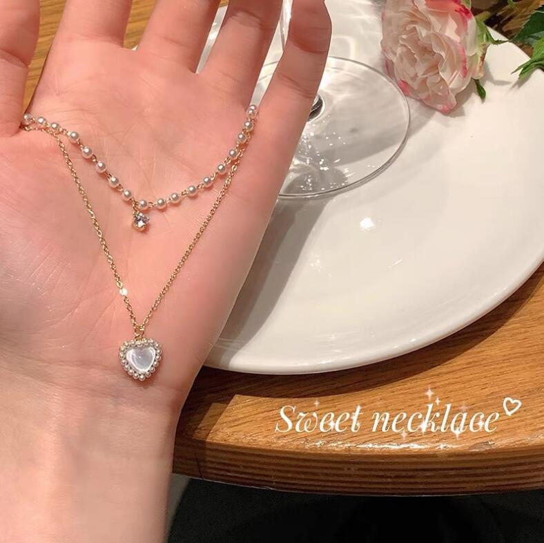 Double love pearl necklace female clavicle chain Light luxury niche high-grade pearl choker ins wind beaded necklace