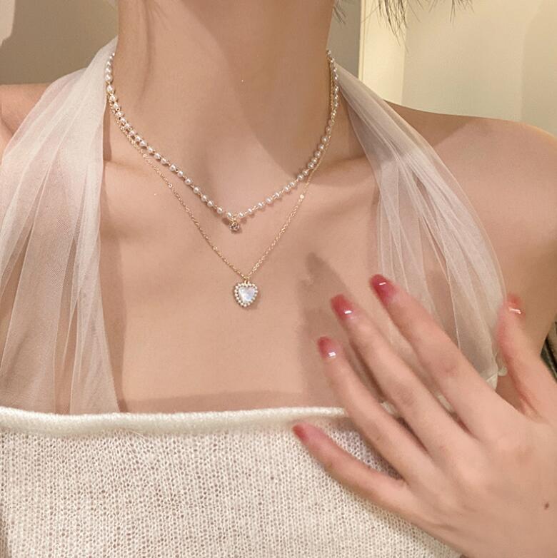 Double love pearl necklace female clavicle chain Light luxury niche high-grade pearl choker ins wind beaded necklace