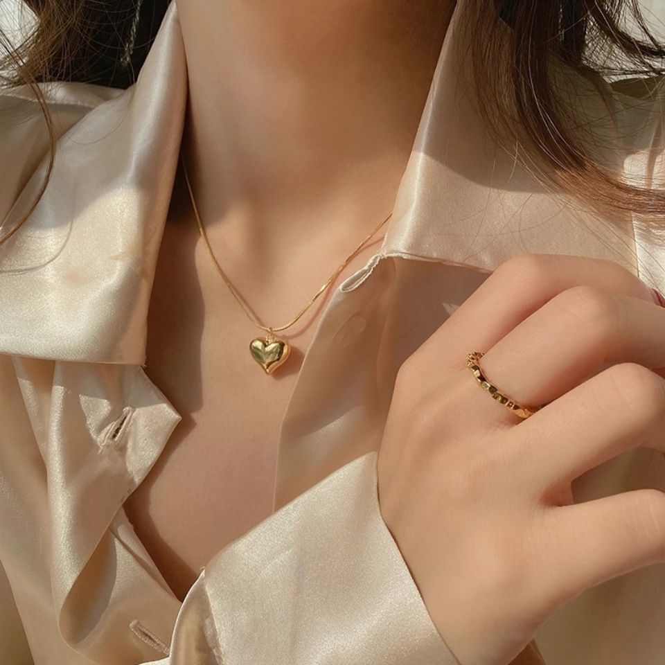 Simple three-dimensional small love necklace double sided heart mirror heart heart clavicle chain Japan and South Korea Instagram accessories