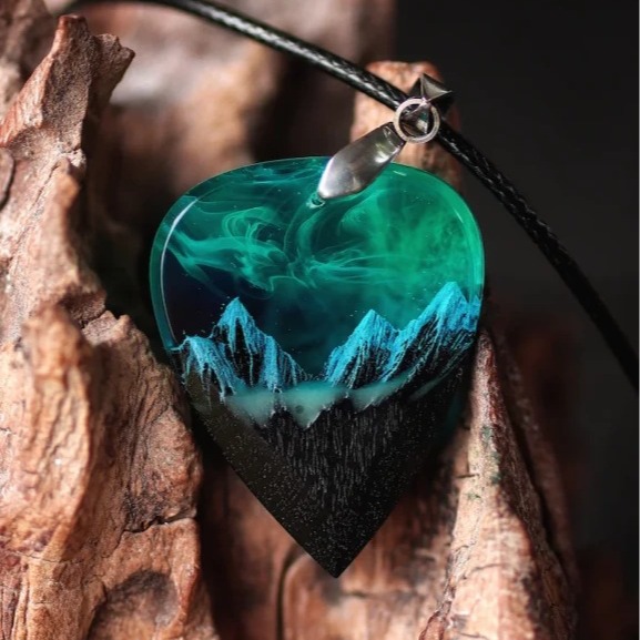 Valentine's Day gift Heart necklace Wood Resin Paired Heart Pendants Mountains