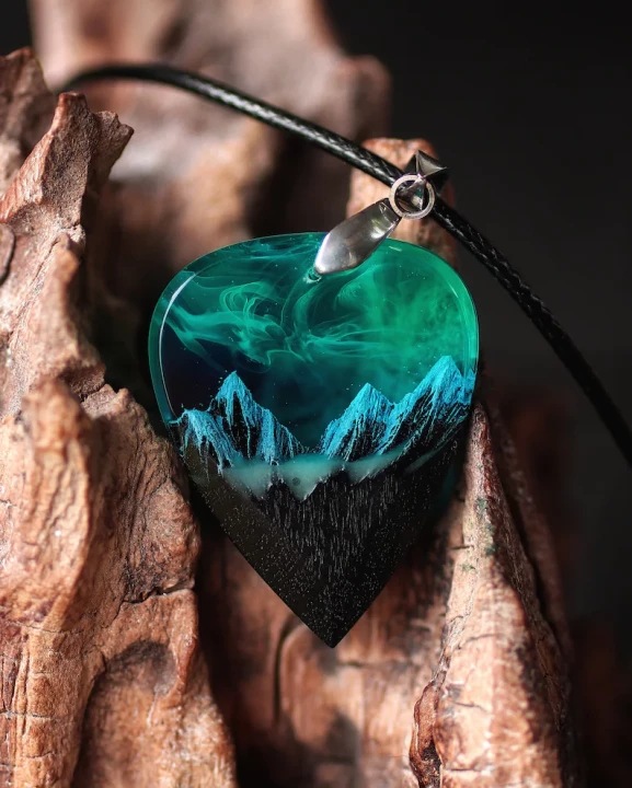 Valentine's Day gift Heart necklace Wood Resin Paired Heart Pendants Mountains