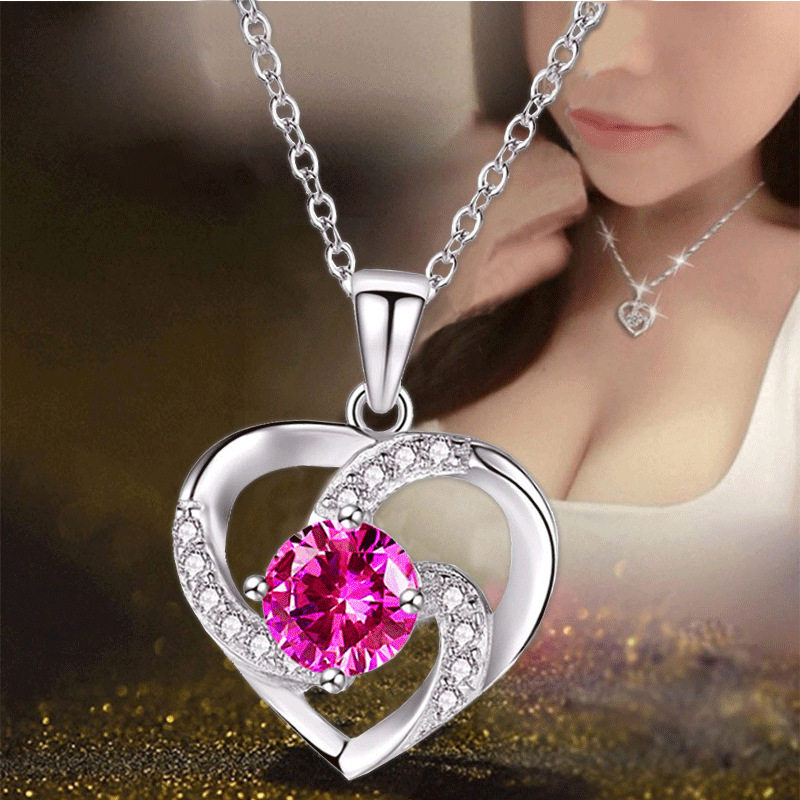Women's clavicle chain Love shaped pendant plated 925 silver diamond necklace headpiece