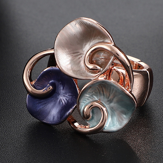 Colorful petal splicing alloy ring Hand drop oil fashion elastic adjustment flower ring for women
