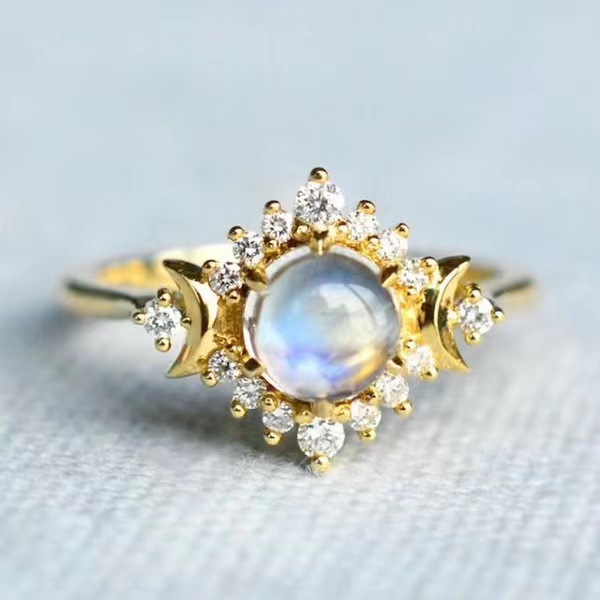 Triple Moon Goddess Moonstone diamond ring Valentine's Day moonstone ring