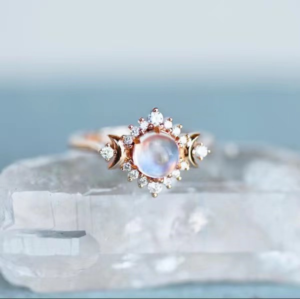 Triple Moon Goddess Moonstone diamond ring Valentine's Day moonstone ring