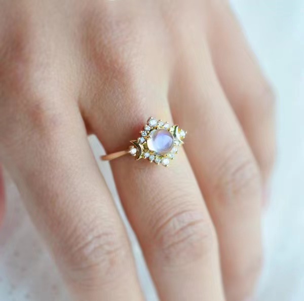 Triple Moon Goddess Moonstone diamond ring Valentine's Day moonstone ring