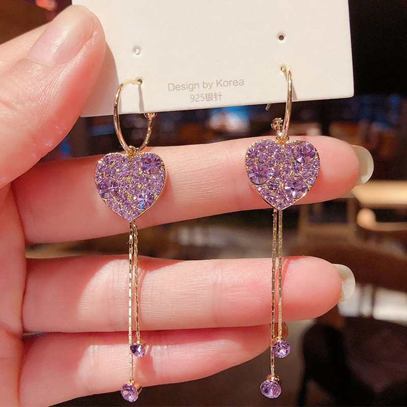 Tassel earrings Love long double tassel C-shaped rhinestone stud earrings for women