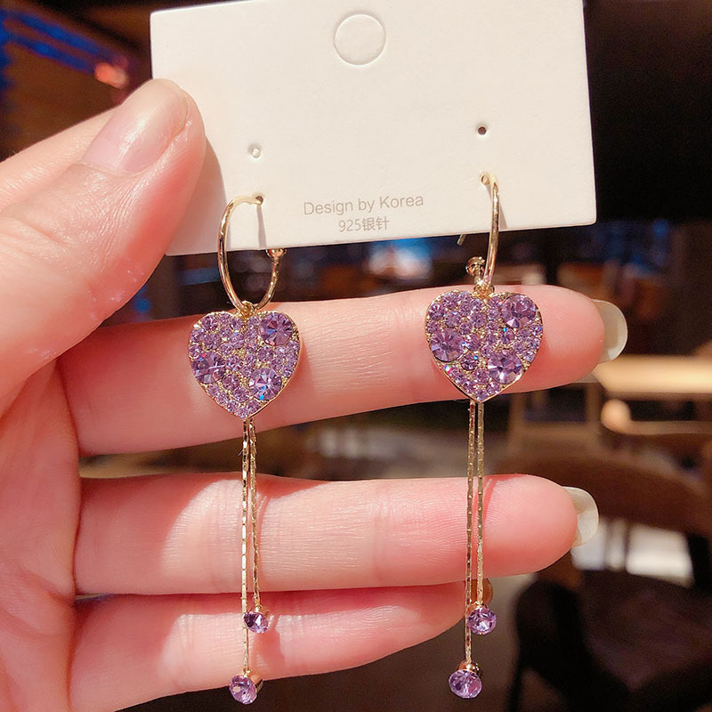 Tassel earrings Love long double tassel C-shaped rhinestone stud earrings for women