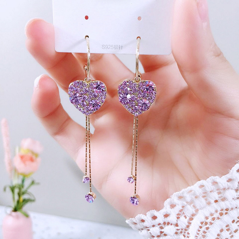 Tassel earrings Love long double tassel C-shaped rhinestone stud earrings for women