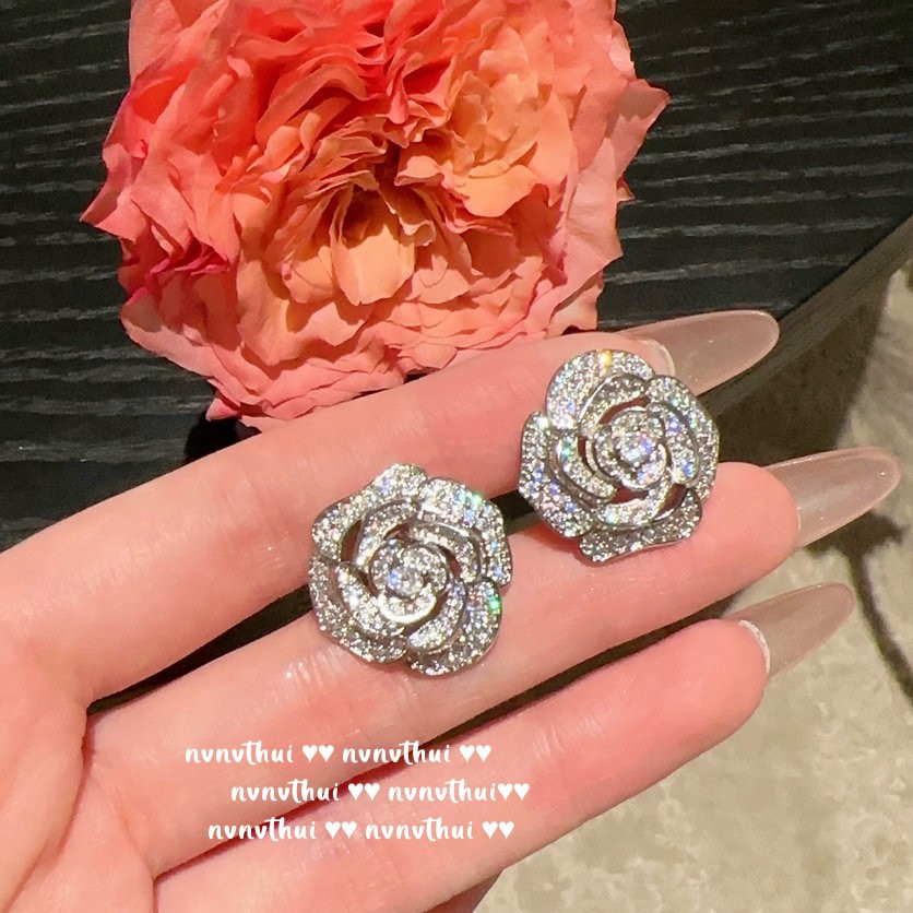 Sparkling rose Flower jewel Necklace plated 18-karat gold Rose flower zircon full drill collar bone chain tassel earrings