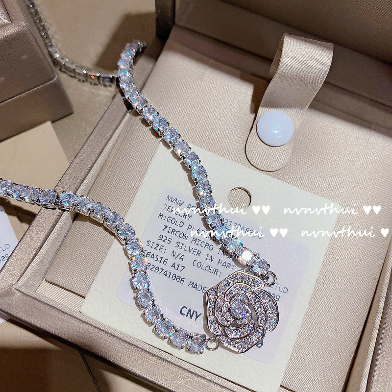 Sparkling rose Flower jewel Necklace plated 18-karat gold Rose flower zircon full drill collar bone chain tassel earrings