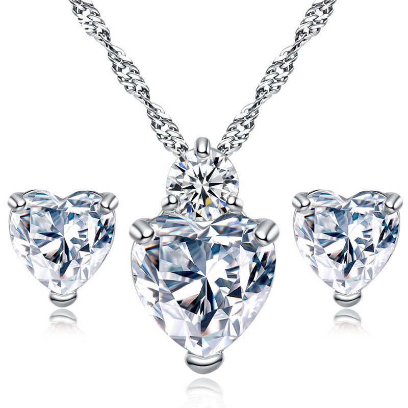 Pomegranate red love zircon earrings necklace women simple fashion heart pendant earrings
