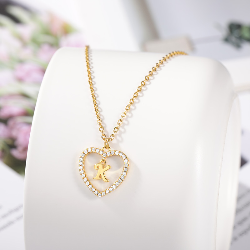 Heart hollow 26 letters pendant copper zircon stainless steel chain heart pendant