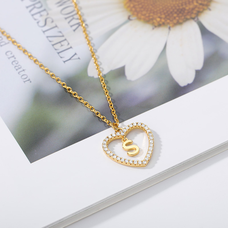 Heart hollow 26 letters pendant copper zircon stainless steel chain heart pendant