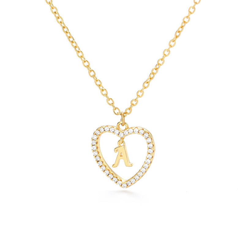 Heart hollow 26 letters pendant copper zircon stainless steel chain heart pendant