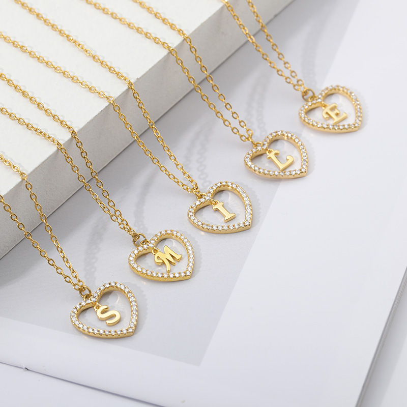 Heart hollow 26 letters pendant copper zircon stainless steel chain heart pendant